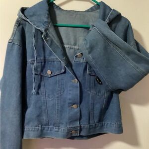 Sale!!! Unique Denim Jean Jacket with Hood - Unisex size XL